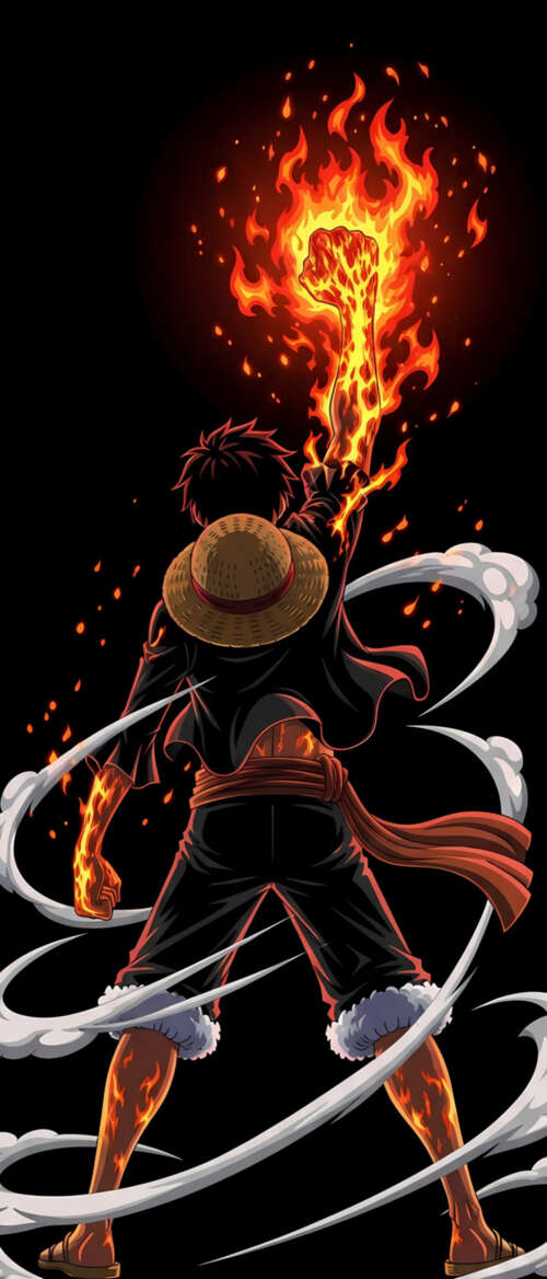 Monkey D. Luffy from One Piece surrounded by dramatic fire effects on a black background nubia Flip 3 hand phone wallpaper