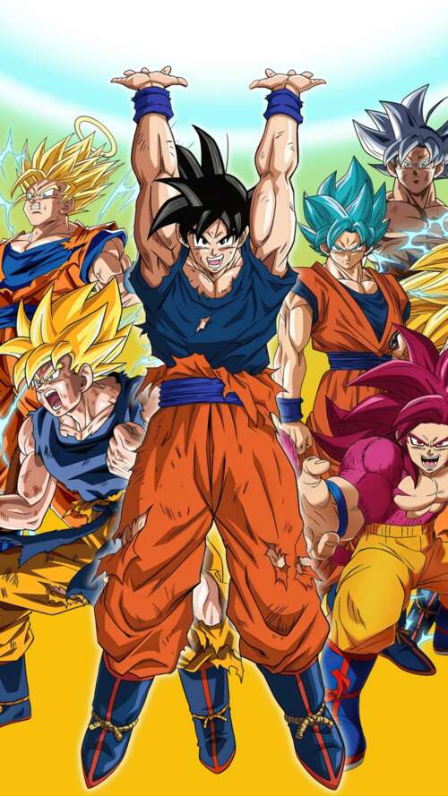An epic collage of Son Goku from Dragon Ball Super featuring Super Saiyan, Super... Apple iPhone SE 2022 wallpaper