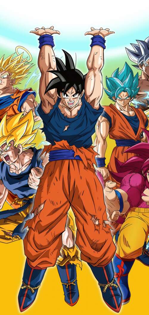 An epic collage of Son Goku from Dragon Ball Super featuring Super Saiyan, Super... Oppo A6k 4G hand phone wallpaper
