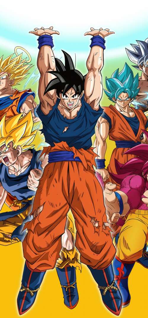 An epic collage of Son Goku from Dragon Ball Super featuring Super Saiyan, Super... Samsung Galaxy S26 Ultra wallpaper photo gallery download