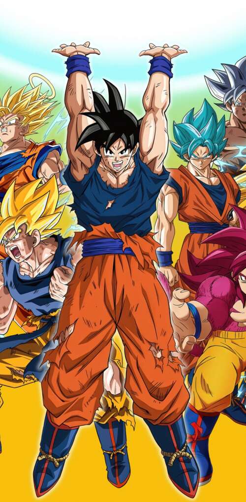 An epic collage of Son Goku from Dragon Ball Super featuring Super Saiyan, Super... Huawei Mate 30 Pro lock screen wallpaper