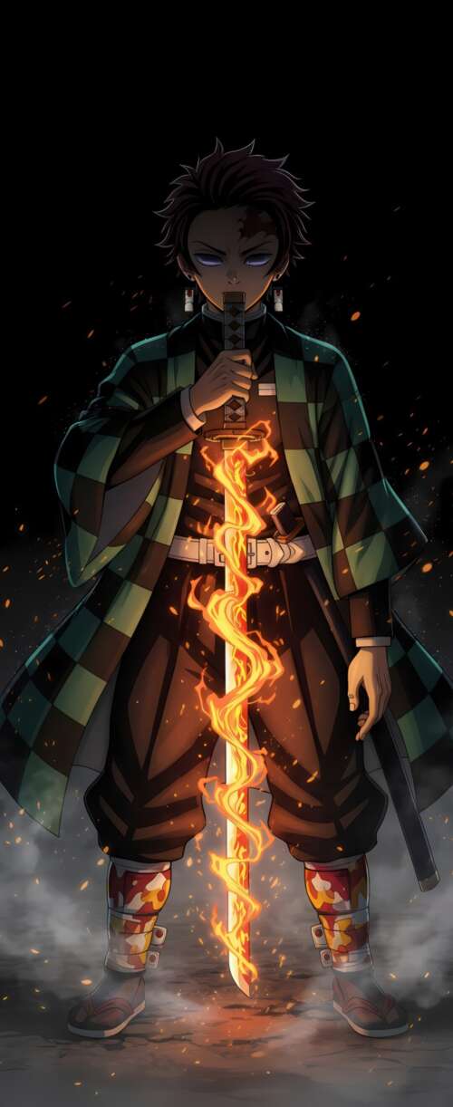 Tanjiro Kamado from Demon Slayer: Kimetsu no Yaiba unleashing the Hinokami Kagura... Samsung Galaxy Z Flip7 FE free background