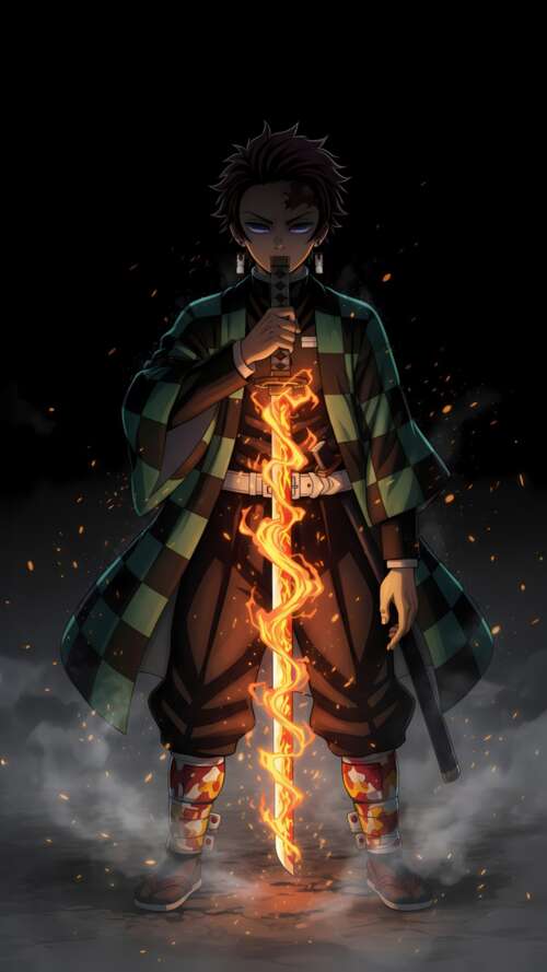 Tanjiro Kamado from Demon Slayer: Kimetsu no Yaiba unleashing the Hinokami Kagura... Apple iPhone SE 2022 wallpaper photo gallery download