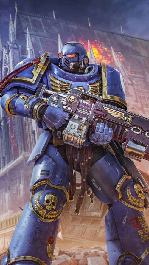 A cinematic video game poster featuring a heavily armored Space Marine from Warhammer... Apple iPhone SE 2022 lock screen wallpaper