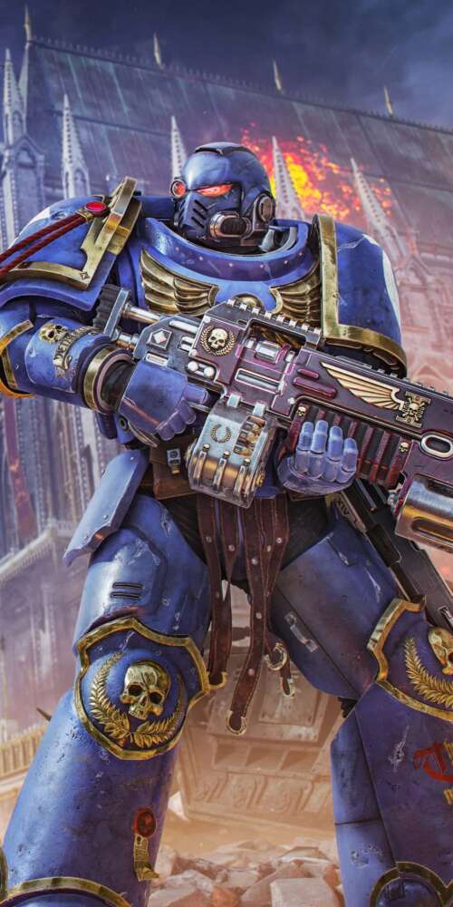 A cinematic video game poster featuring a heavily armored Space Marine from Warhammer... Ulefone Rugking 2 Pro background images hd