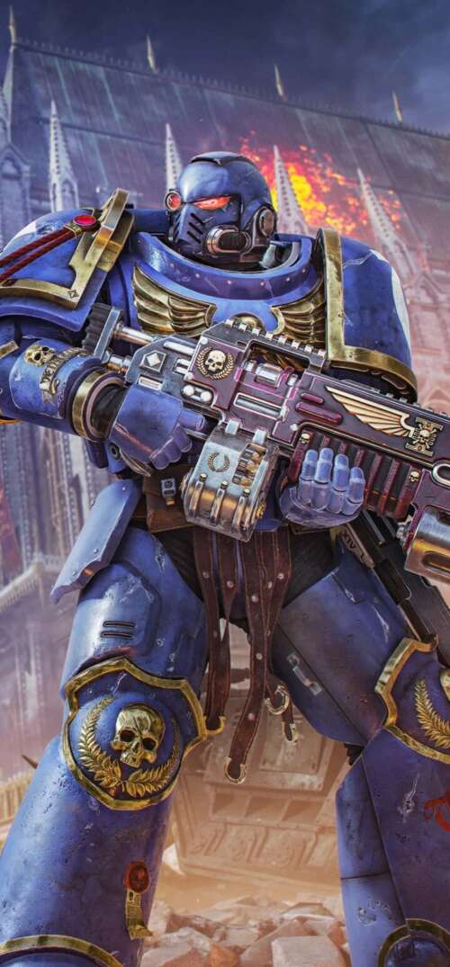 A cinematic video game poster featuring a heavily armored Space Marine from Warhammer... UmiDigi Umidigi X wallpaper images