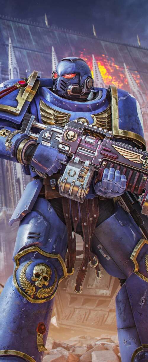 A cinematic video game poster featuring a heavily armored Space Marine from Warhammer... Samsung Galaxy Z Flip7 FE hd background