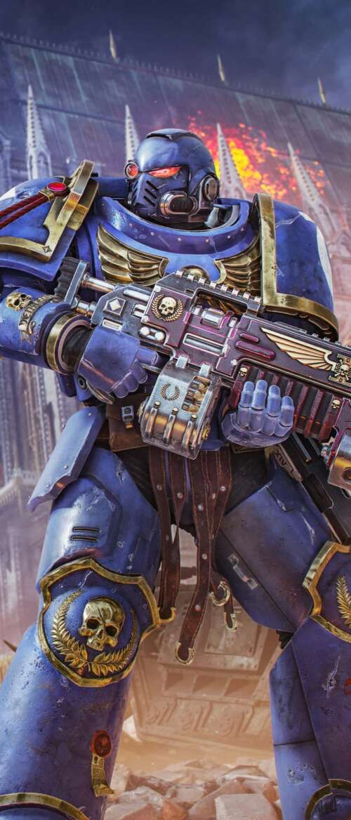 A cinematic video game poster featuring a heavily armored Space Marine from Warhammer... nubia Flip 3 download free wallpaper for phone