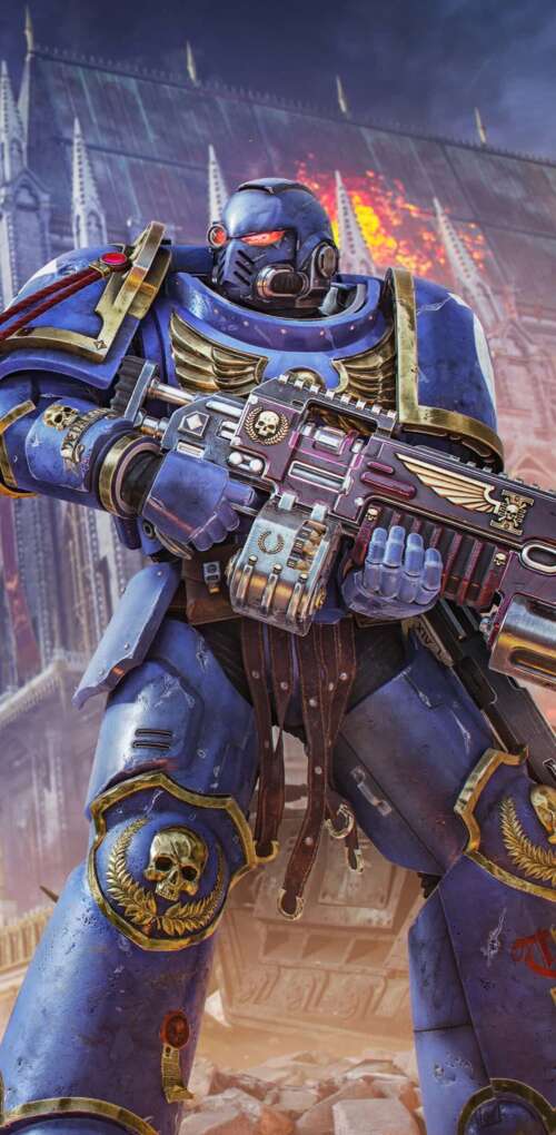 A cinematic video game poster featuring a heavily armored Space Marine from Warhammer... Huawei Mate 30 Pro wallpaper images