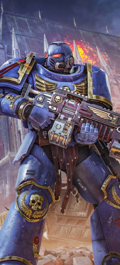 A cinematic video game poster featuring a heavily armored Space Marine from Warhammer... Huawei Pura 90 Pro