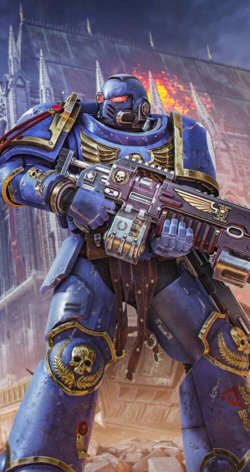 A cinematic video game poster featuring a heavily armored Space Marine from Warhammer... Sharp Aquos C10 wallpaper images