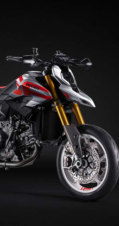 A high-detail 5K cinematic shot of the 2026 Ducati Hypermotard V2 motorcycle featuring... Sharp Aquos C10 download free wallpaper for phone