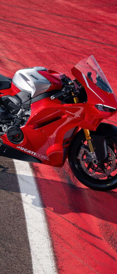 A high-resolution, detailed view of a red Ducati Panigale V4 R sports motorcycle. nubia Flip 3 free background