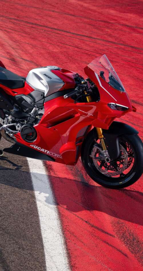 A high-resolution, detailed view of a red Ducati Panigale V4 R sports motorcycle. Sharp Aquos C10 wallpapers for android