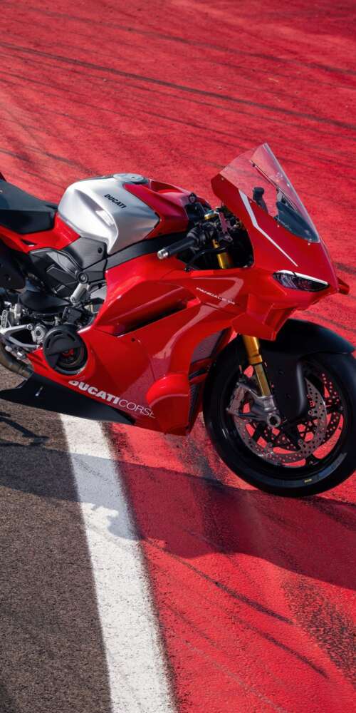 A high-resolution, detailed view of a red Ducati Panigale V4 R sports motorcycle. Ulefone Rugking 2 Pro mobile wallpaper