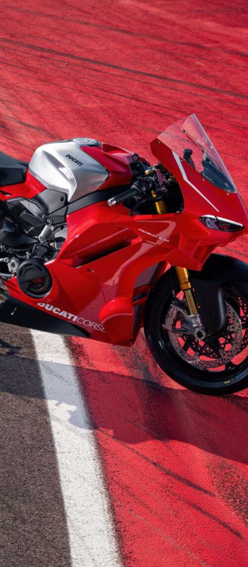 A high-resolution, detailed view of a red Ducati Panigale V4 R sports motorcycle. Blackview XPLORE 1 Pro wallpapers for android