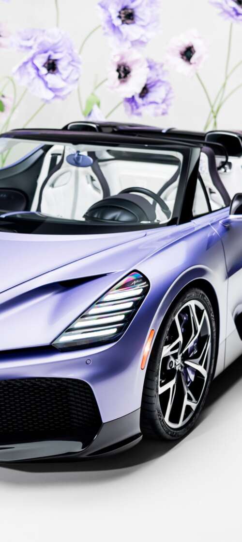 A sleek, futuristic one-off roadster car with a deep purple aesthetic and aerodynamic...