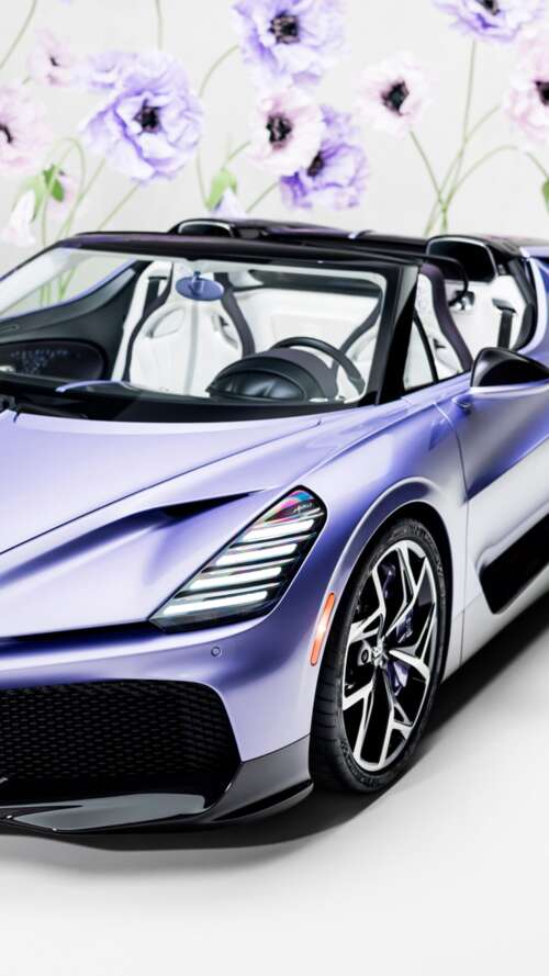 A sleek, futuristic one-off roadster car with a deep purple aesthetic and aerodynamic... Apple iPhone SE 2022 free background