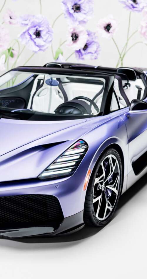 A sleek, futuristic one-off roadster car with a deep purple aesthetic and aerodynamic... Sharp Aquos C10