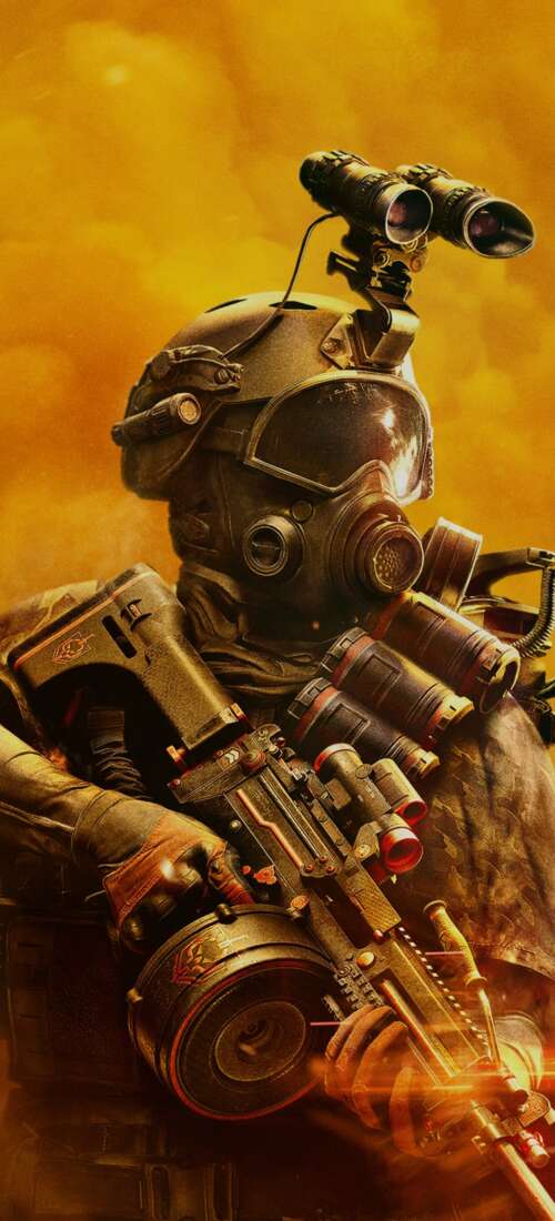 A tactical soldier in advanced combat armor amidst a destroyed city, representing... Huawei Pura 90 Pro free background