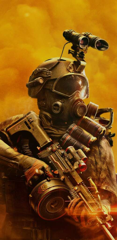 A tactical soldier in advanced combat armor amidst a destroyed city, representing... Huawei Mate 30 Pro lock screen wallpaper