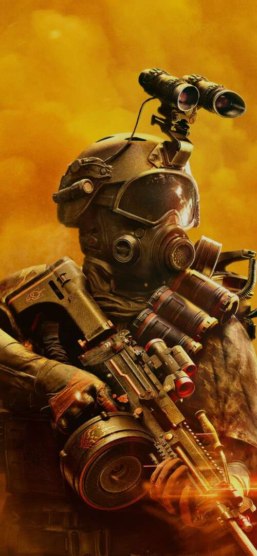 A tactical soldier in advanced combat armor amidst a destroyed city, representing... Xiaomi Redmi 15 4G free background images