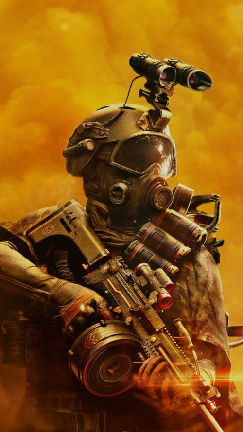 A tactical soldier in advanced combat armor amidst a destroyed city, representing... Apple iPhone SE 2022 wallpaper