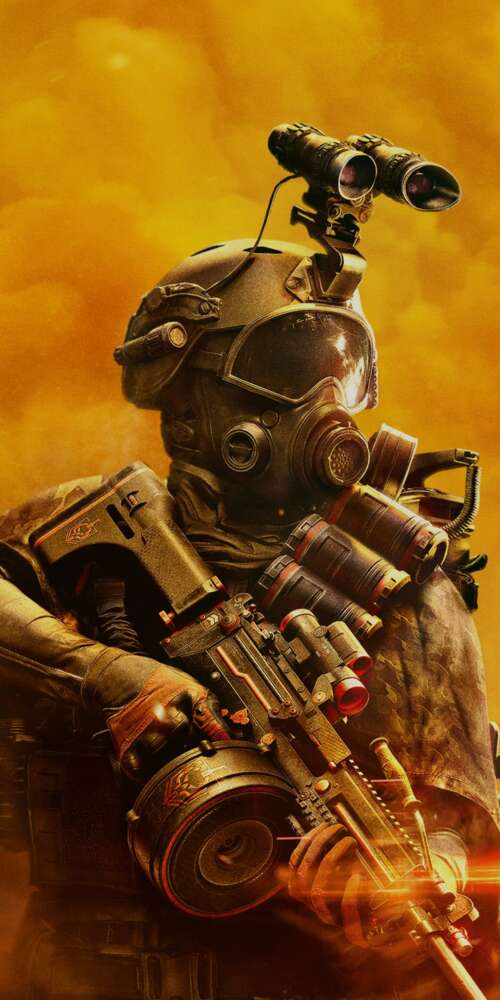 A tactical soldier in advanced combat armor amidst a destroyed city, representing... Ulefone Rugking 2 Pro download free phone wallpaper