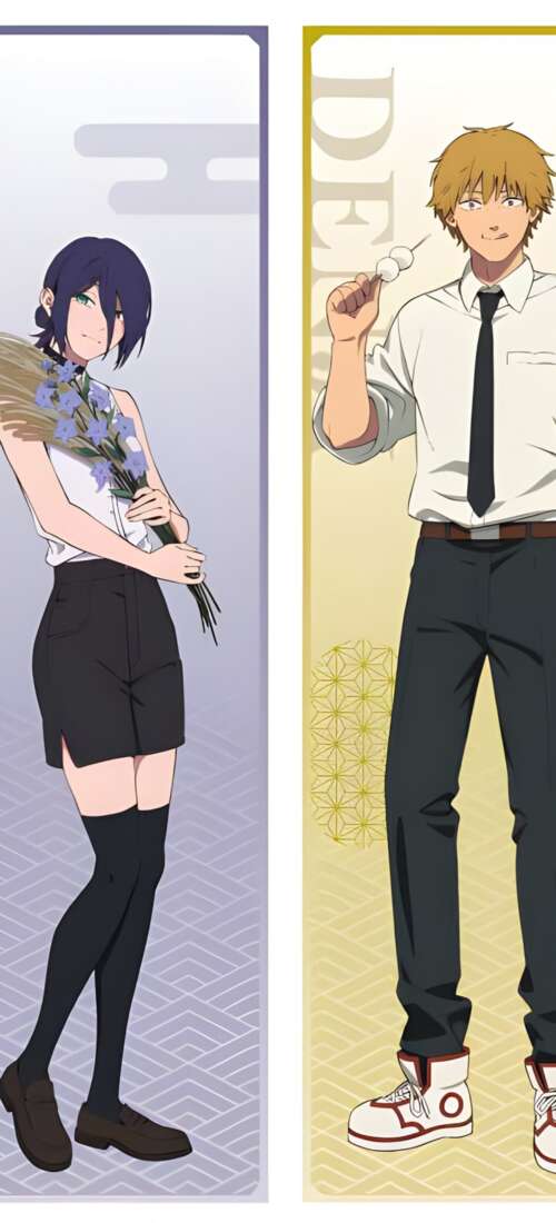 A cinematic character poster showcasing Denji, Reze, and Makima from Chainsaw Man.