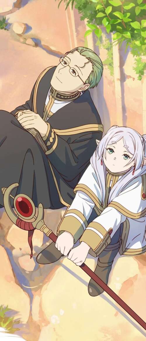 Promotional poster featuring Fern and Stark from the anime Frieren: Beyond Journey's... nubia Flip 3 lock screen wallpaper