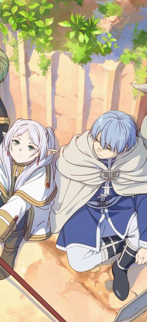A high-quality anime poster featuring Fern and Stark from Frieren: Beyond Journey's... lock screen wallpaper