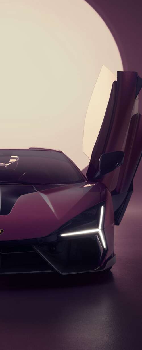 A high-detail, purple Lamborghini Revuelto hypercar with a sleek, futuristic design. hd background