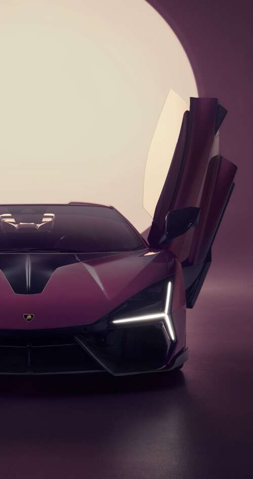 A high-detail, purple Lamborghini Revuelto hypercar with a sleek, futuristic design. Sharp Aquos C10 hd background