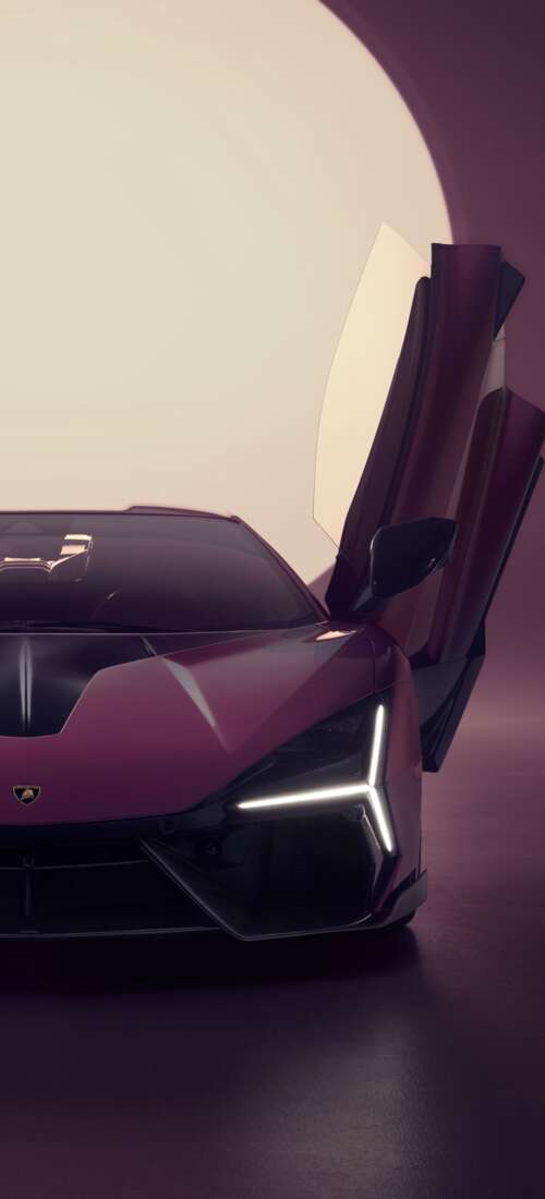 A high-detail, purple Lamborghini Revuelto hypercar with a sleek, futuristic design. Honor X70 hd background
