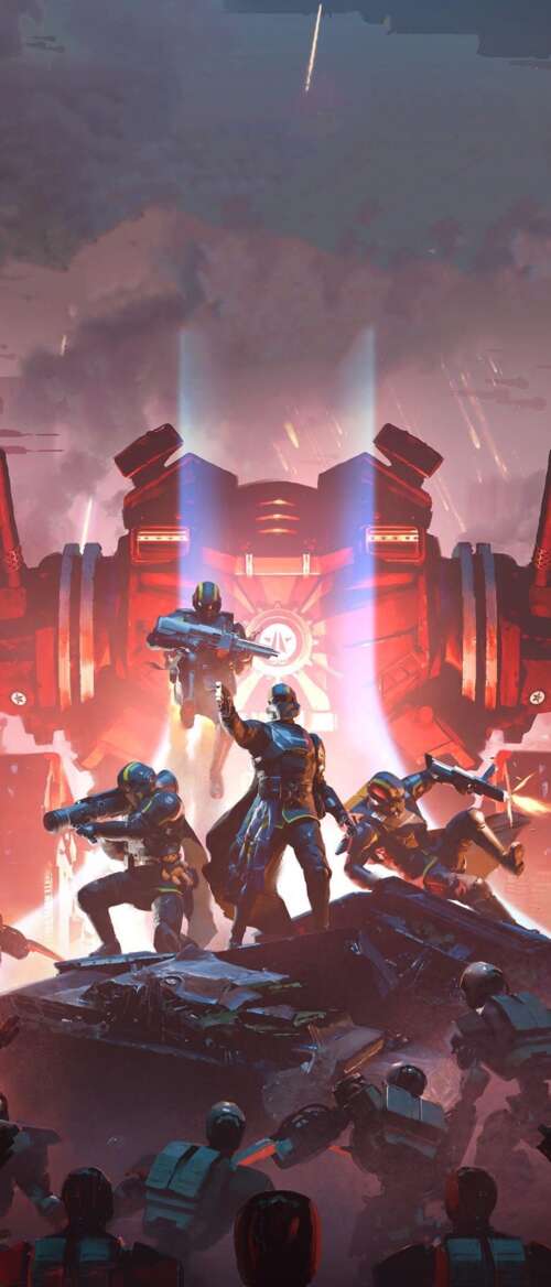 A Helldiver from Helldivers 2 standing in a dramatic combat setting wearing signature... nubia Flip 3 download free phone wallpaper