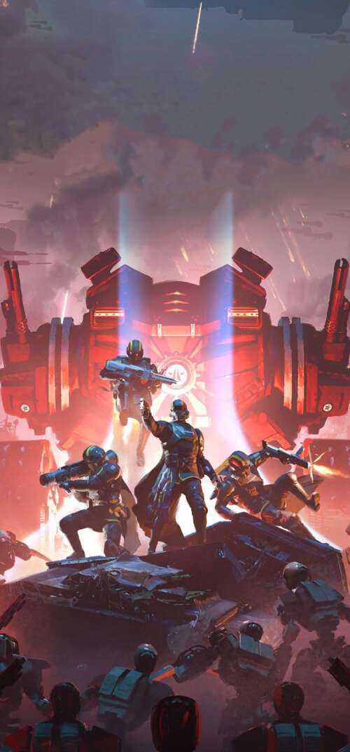 A Helldiver from Helldivers 2 standing in a dramatic combat setting wearing signature... Samsung Galaxy S26 Ultra download free wallpaper for phone