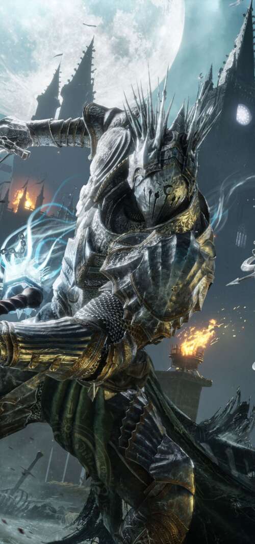 A battle-hardened knight in heavy armor performing a strike during combat in Lords... wallpaper images