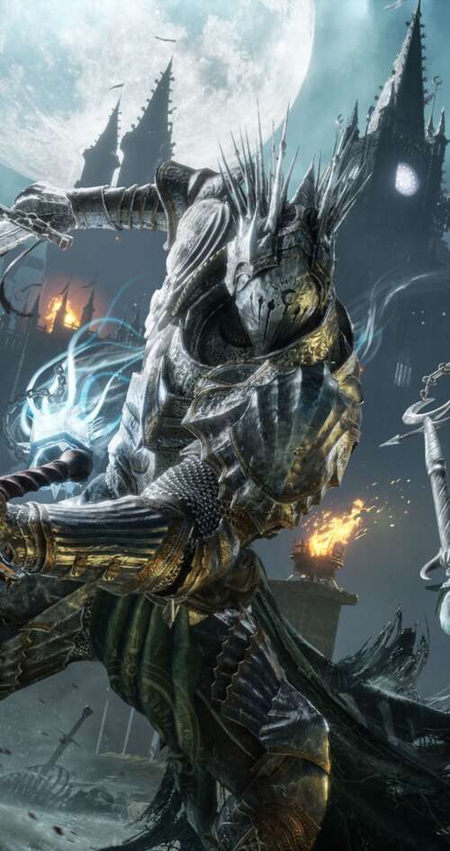 A battle-hardened knight in heavy armor performing a strike during combat in Lords... Sharp Aquos C10 wallpaper images