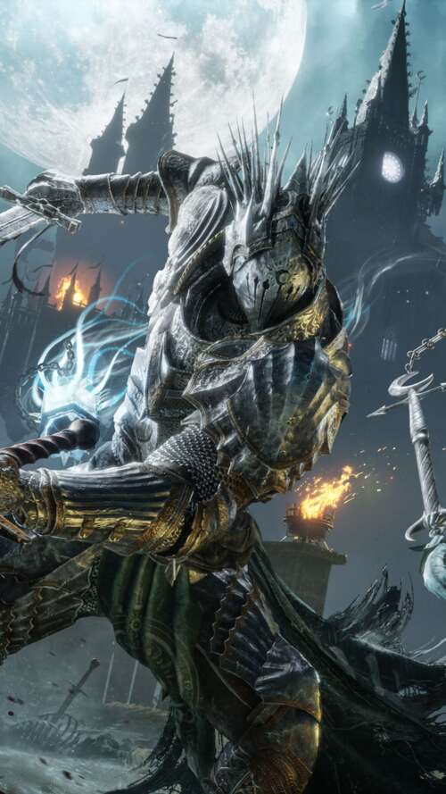 A battle-hardened knight in heavy armor performing a strike during combat in Lords... Apple iPhone SE 2022 lock screen wallpaper