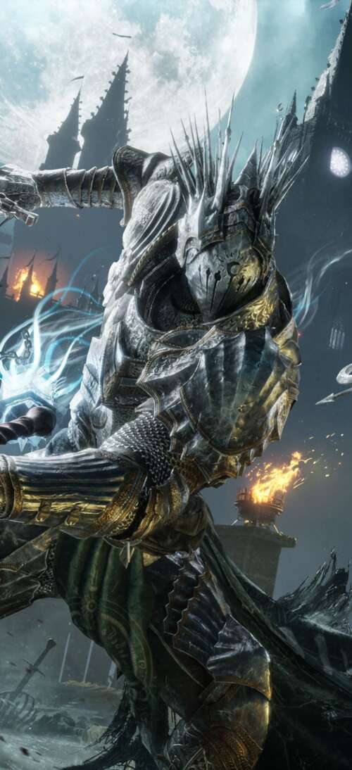 A battle-hardened knight in heavy armor performing a strike during combat in Lords... realme GT 7T free wallpaper