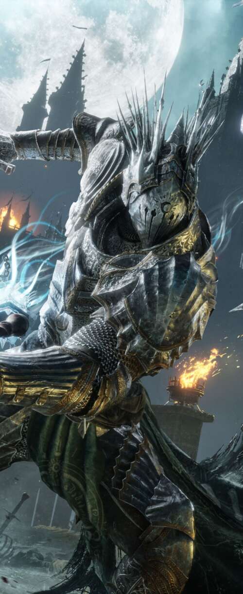 A battle-hardened knight in heavy armor performing a strike during combat in Lords... Samsung Galaxy Z Flip7 FE hd background