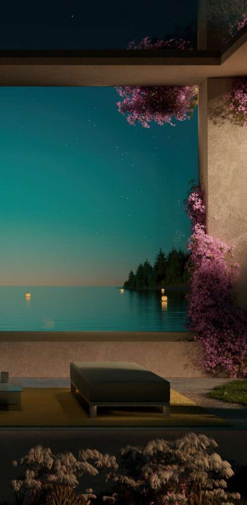 A contemporary luxury resort overlooking a calm ocean at night with aesthetic outdoor... Huawei Mate 30 Pro wallpaper