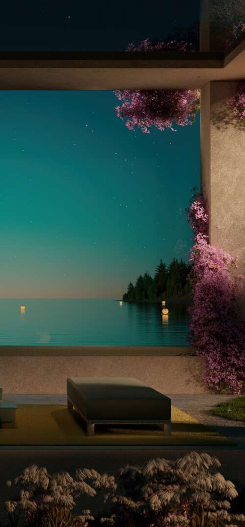 A contemporary luxury resort overlooking a calm ocean at night with aesthetic outdoor... UmiDigi Umidigi X wallpaper