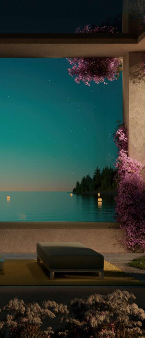A contemporary luxury resort overlooking a calm ocean at night with aesthetic outdoor... nubia Flip 3 wallpaper photo gallery download