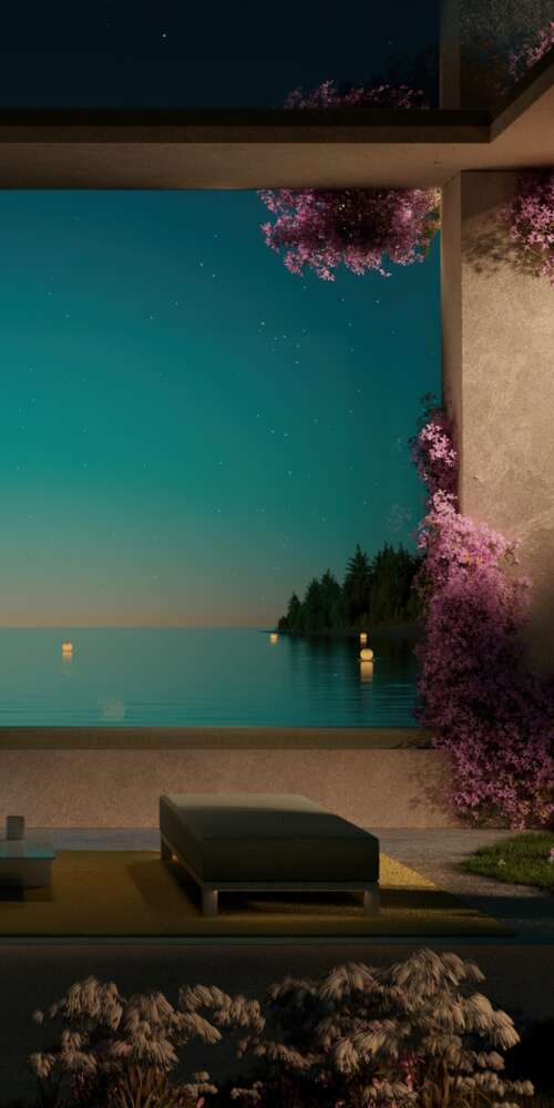 A contemporary luxury resort overlooking a calm ocean at night with aesthetic outdoor... Ulefone Rugking 2 Pro download free wallpaper for phone