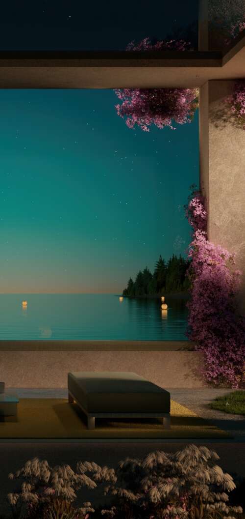 A contemporary luxury resort overlooking a calm ocean at night with aesthetic outdoor... Oppo A6k 5G wallpaper download