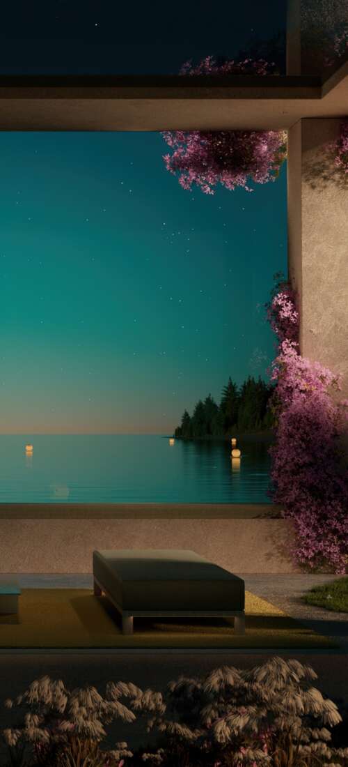 A contemporary luxury resort overlooking a calm ocean at night with aesthetic outdoor... Huawei Pura 90 Pro free background images