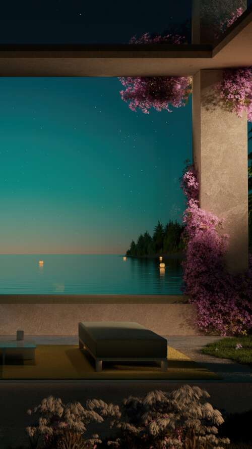 A contemporary luxury resort overlooking a calm ocean at night with aesthetic outdoor... Apple iPhone SE 2022 background images hd