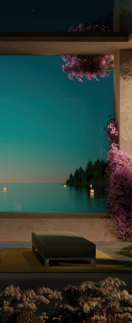 A contemporary luxury resort overlooking a calm ocean at night with aesthetic outdoor... Samsung Galaxy Z Flip7 FE free wallpaper