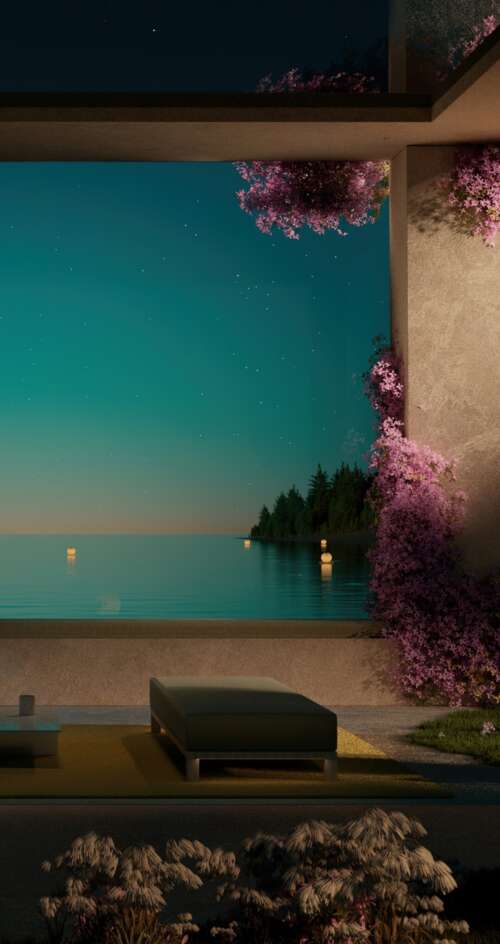 A contemporary luxury resort overlooking a calm ocean at night with aesthetic outdoor... Sharp Aquos C10 wallpaper